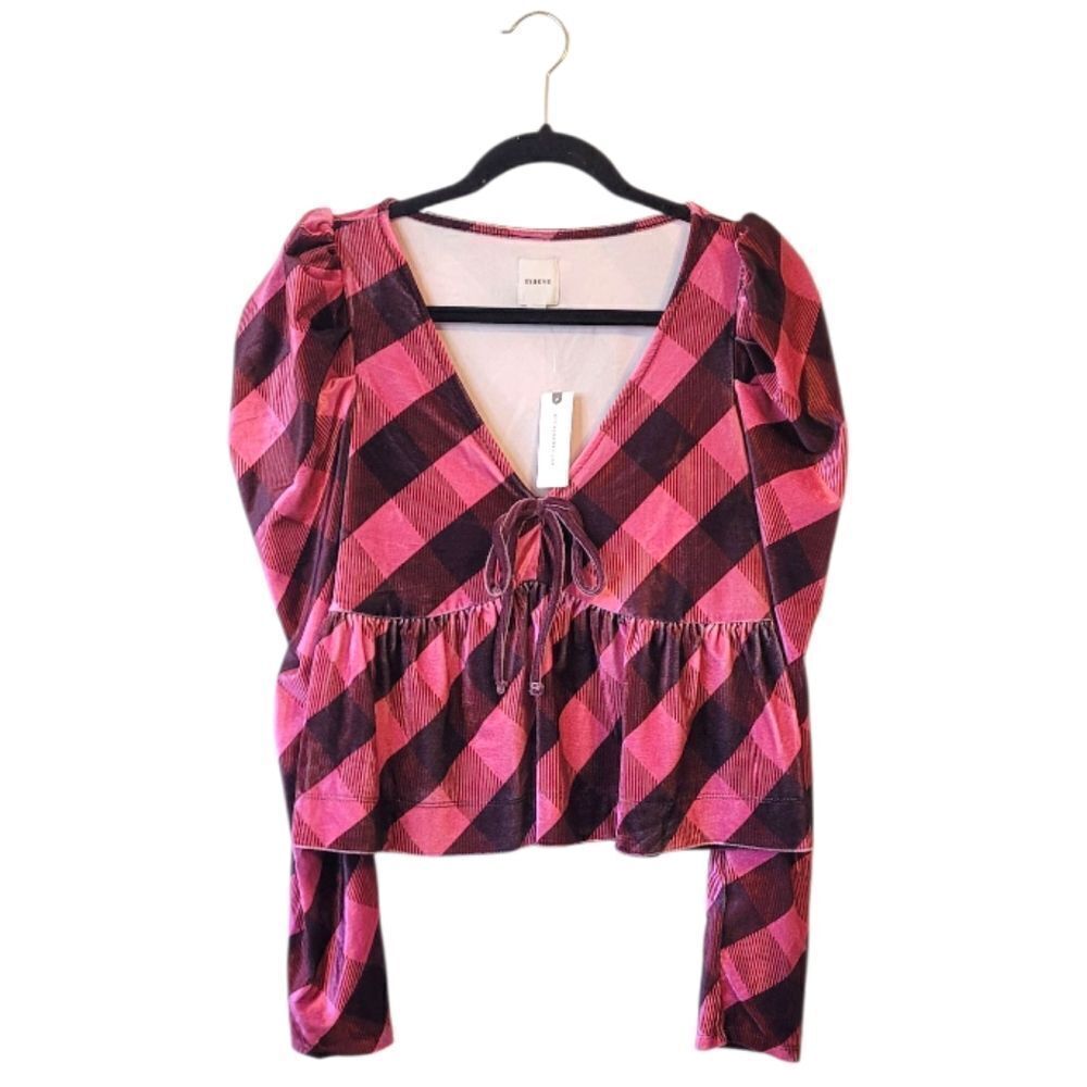 Maeve Women's Pink Gingham Velvet Peplum Babydoll Blouse NWT